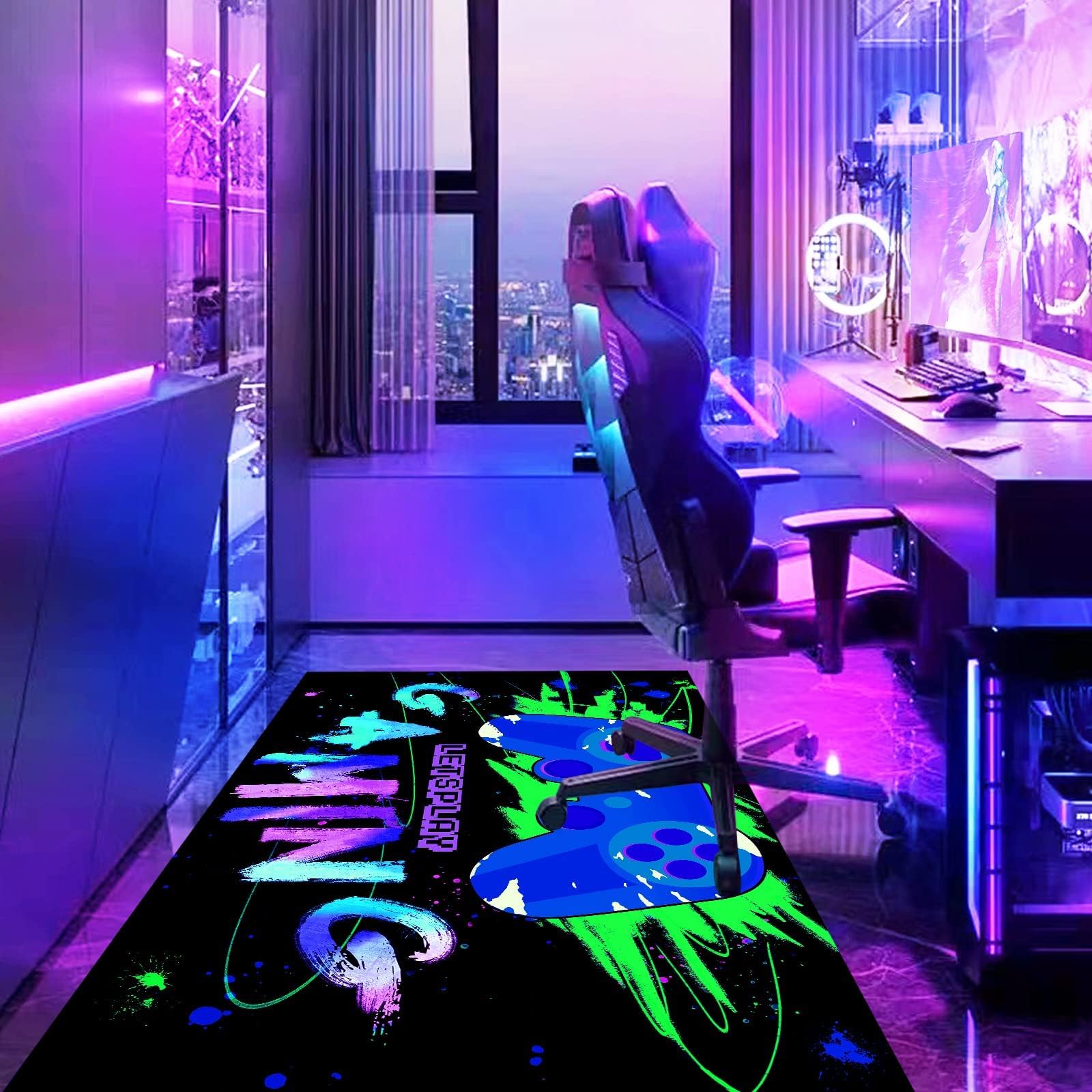 HOLAVIDA Neon Play Rug, 3D Blacklight, UV Response Controller Rug, Non-Slip Fluorescent Floor Mat, Glow in the Dark, Play Mat for Kids, Playroom, 180 x 120 cm