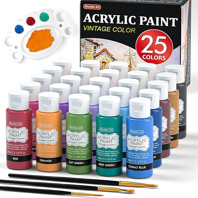 Shuttle Art Acrylic Paint, 25 Vintage Colours Acrylic Paint Set, 2oz/60ml Bottles, Rich