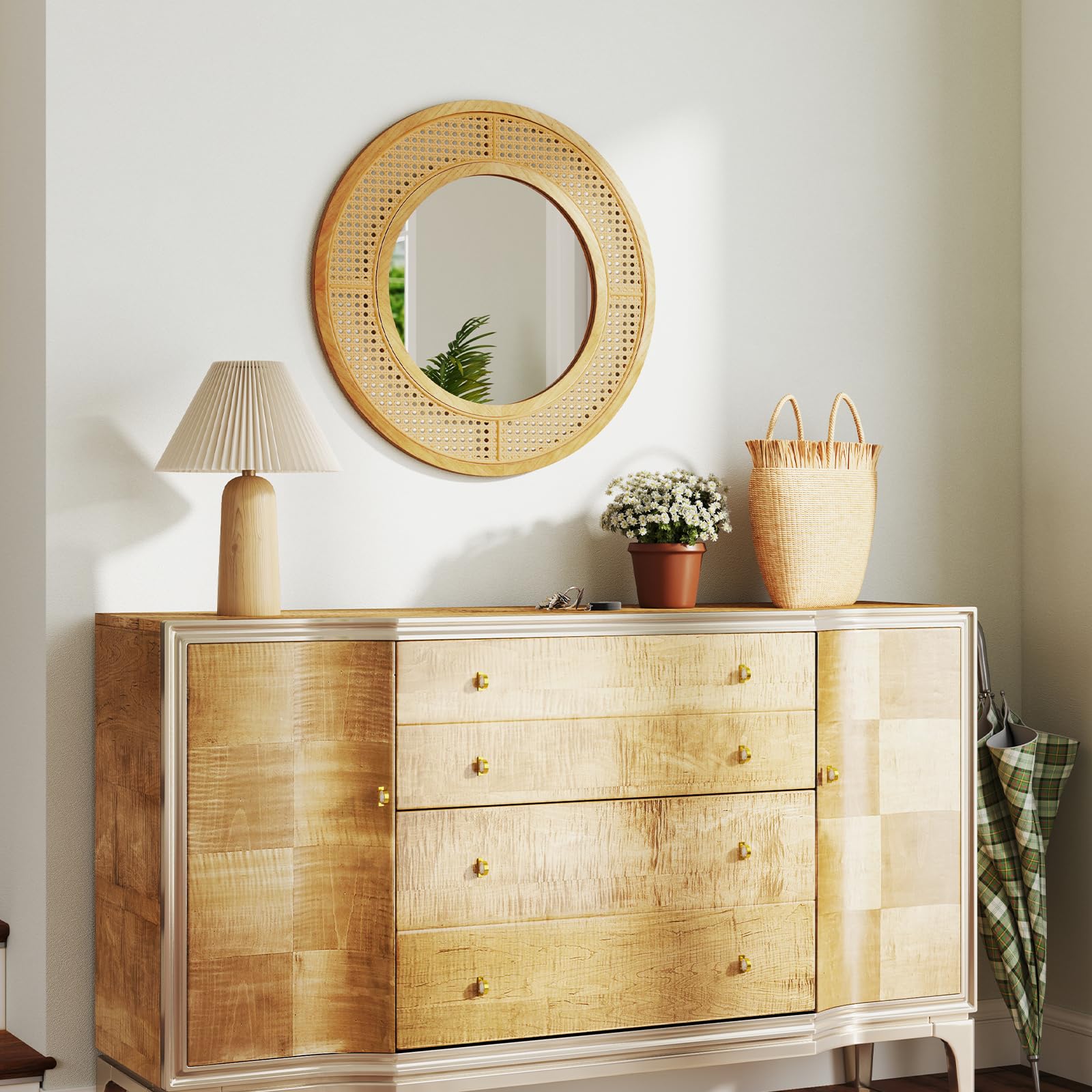 COSTWAY Specchio da Parete Rotondo 40 cm con Cornice in Rattan, Vetro in Alluminio e Gancio Metallico - Decorativo per Soggiorno Camera da Letto Ingresso