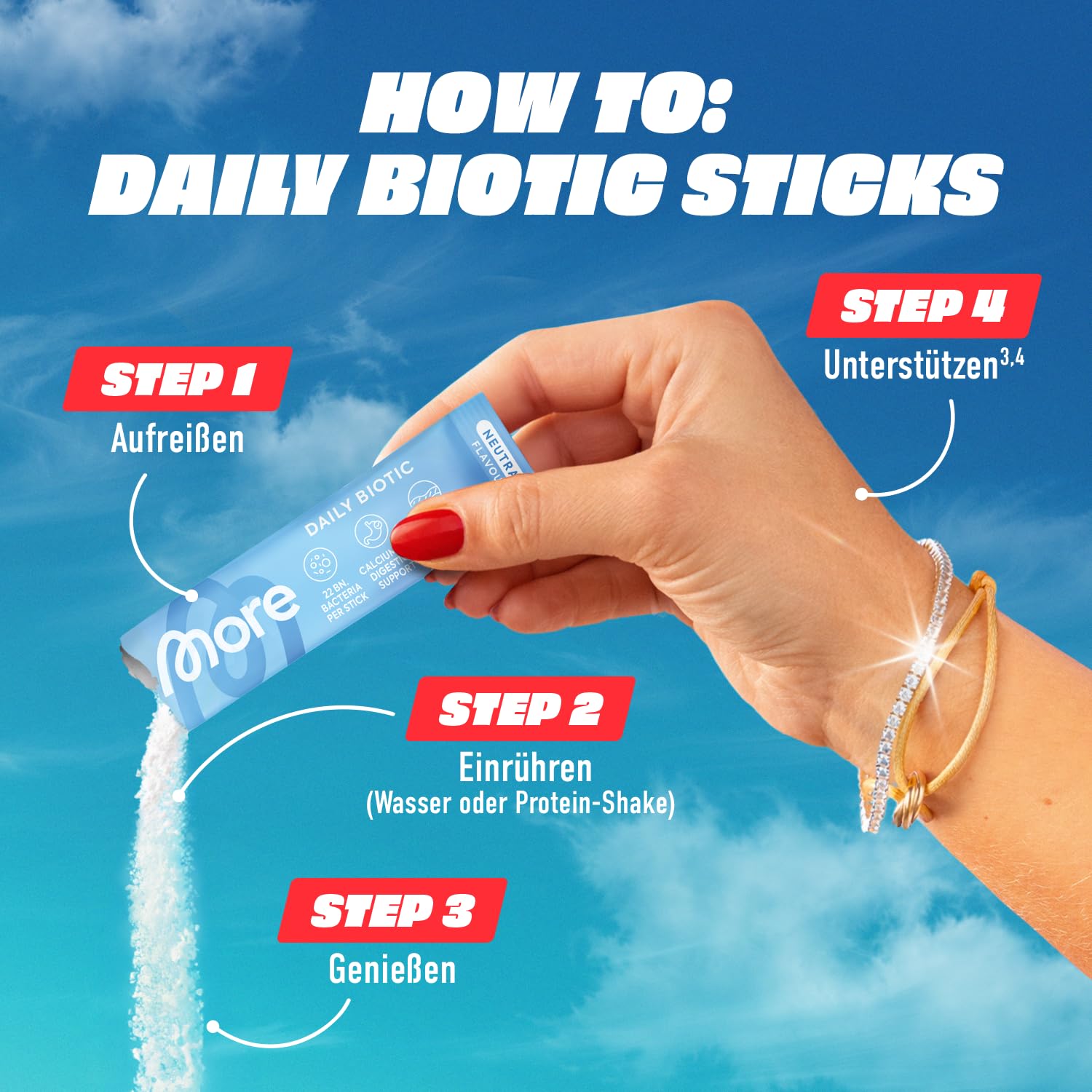 MORE Daily Biotic Sticks, 30 x 1,5 g, Neutral, mit 6 humanen Bakterienstämmen, Calcium und Biotin