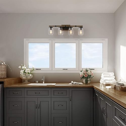 Miniatura 4 de Log BARN Lámpara de tocador de baño rústica con vidrio Mason Jar Glass, apliques de pared de 4 luces, acabado de madera sintética, 29 pulgadas