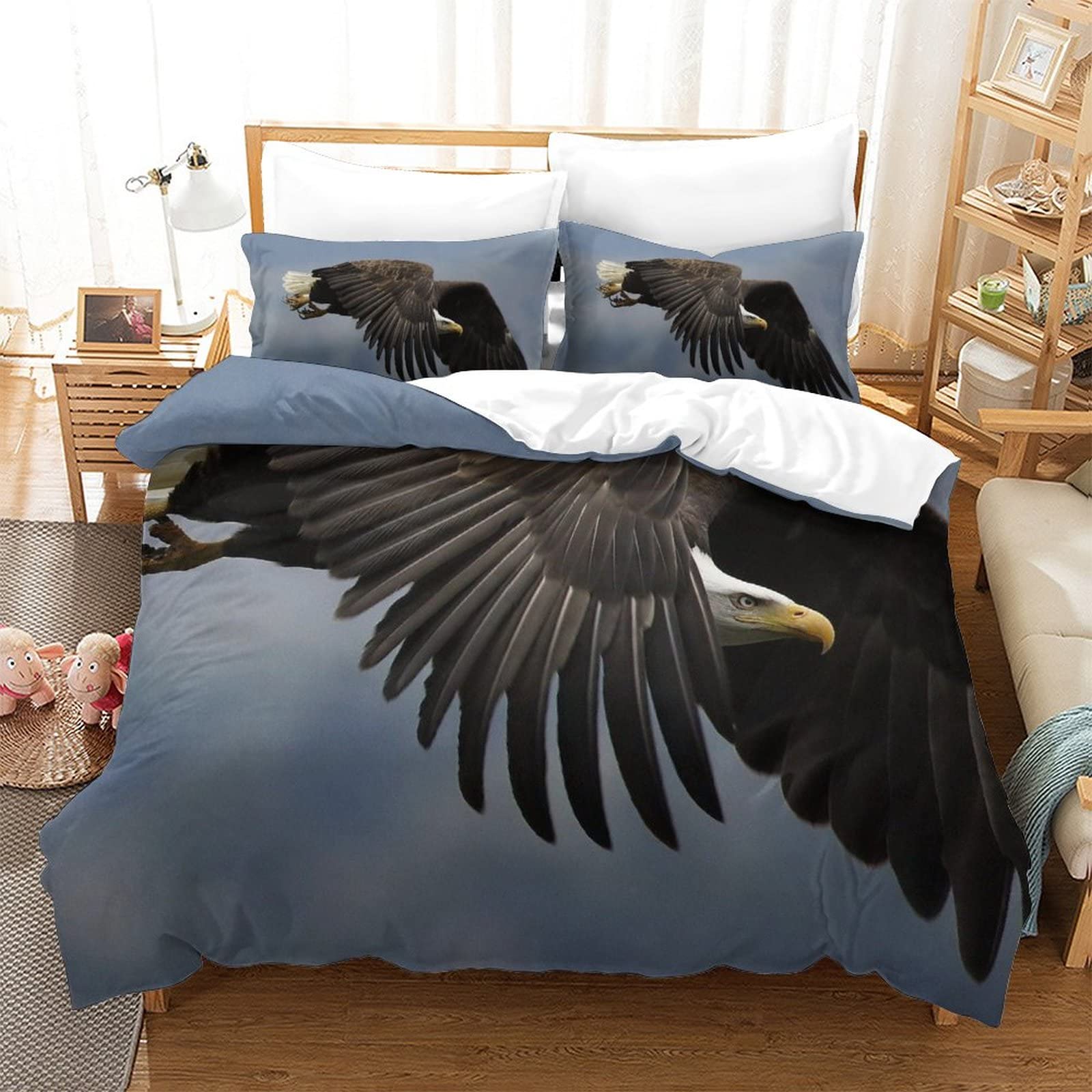 Housse de couette 3D pygargue à tête blanche 200x200 parure de lit imprimée double avec zip