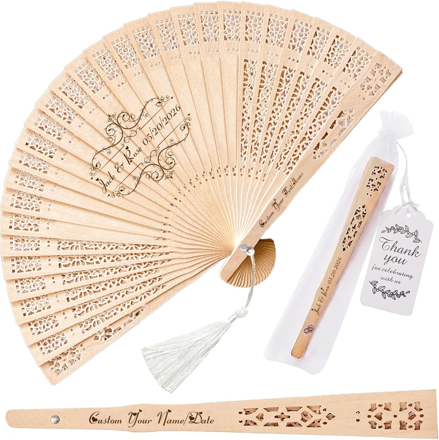 Personalized Wedding Fans for Guests, Bulk Custom Wooden Folding Handheld Fans with Organza Bags Thank You Tag Tassels for Wedding Party Graduation Favors (20Pcs)