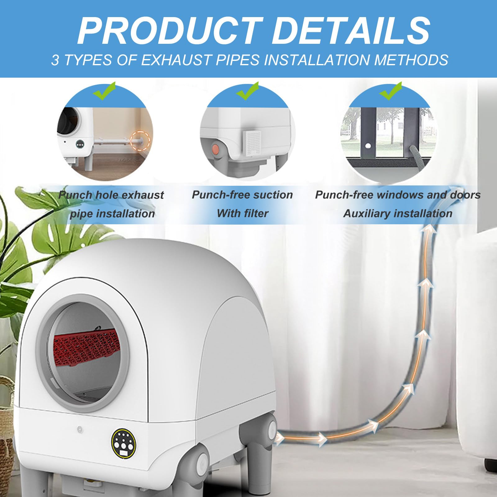 Elektrische Selbstreinigende Katzentoilette, Automatische Roboter-Katzentoilette, Mit Filter/LadegeräT/MüLlbeutel/Abluftrohr, WLAN/Bluetooth-Verbindung