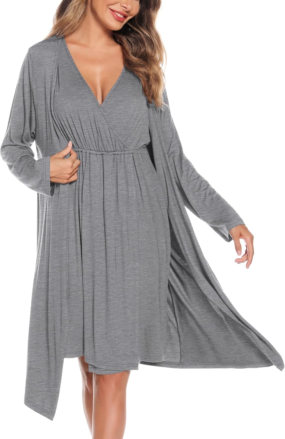SWOMOG Women Maternity Nursing Gown and Robe Set 3 in 1 Labor Delivery Nursing Nightgown for Breastfeeding Hospital Bathrobe - Image 4