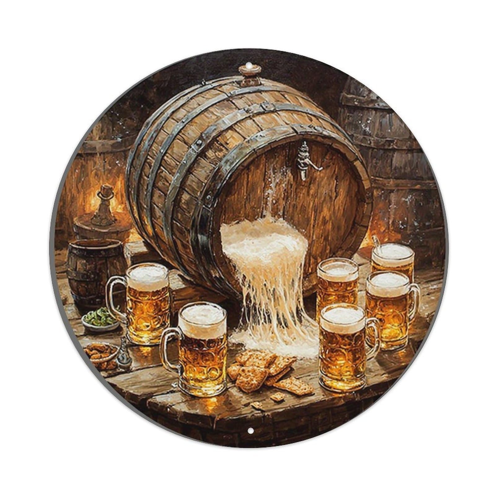 Beer Barrel Pouring Into Mugs Metal Tin Sign Plaque