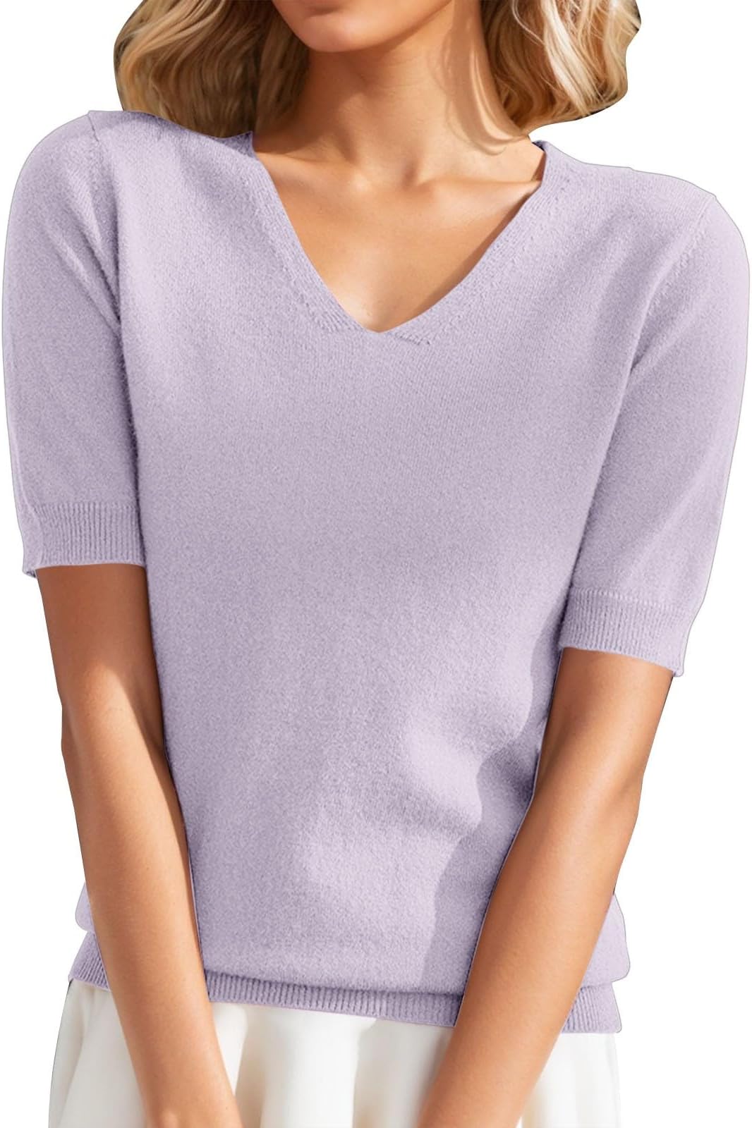 Pullover Women's V Neck Knitted Jumper Fine Knit Jumper Short Sleeve Knitted Women's Top Plain Thin Pullover Women Knitted Sweater Women Knitted Jumper Teenager Girls Summer Shirts
