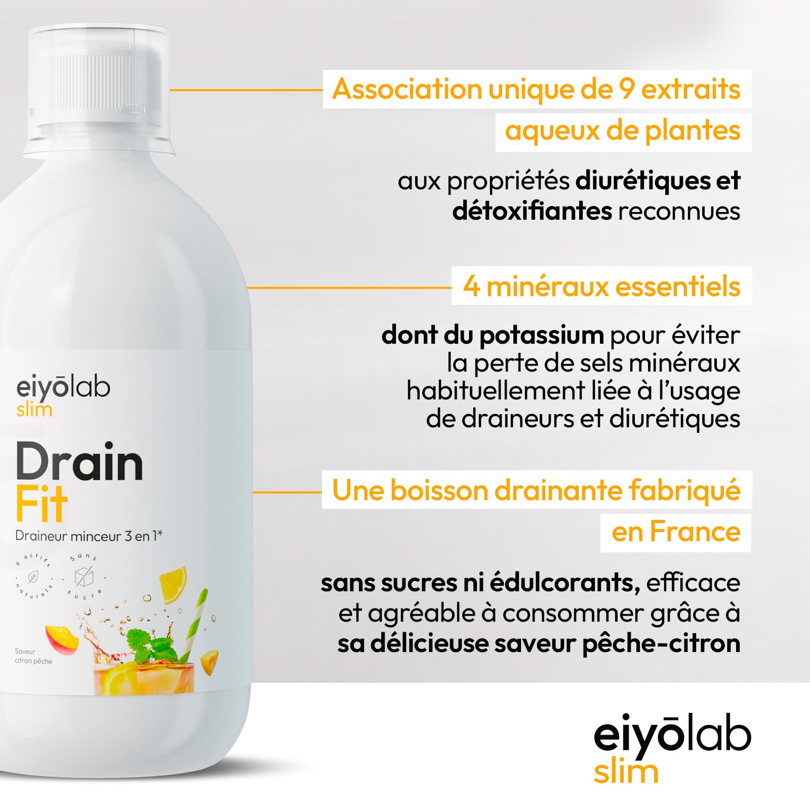 DRAIN FIT | Draineur Minceur Triple Action : Drainant + Détoxifiant + Amincissant | Réduit la Rétention d’Eau et Élimine la Cellulite | 500 ml | Délicieux Goût Citron-Pêche | Made in France | Eiyolab