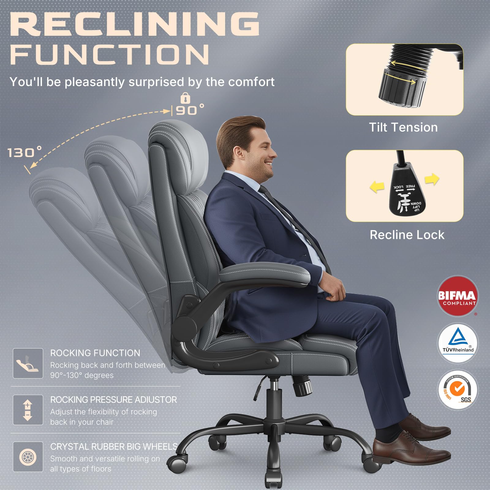 Office Chair Ergonomic Big and Tall Executive Desk Chair Breathable Leather Chair with Adjustable Flip-up Armrests Lumbar Support — view 5