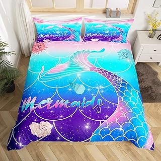 Erosebridal Mermaid Tail Bedding Set for Kids Girls Mermaid Fish Scale Duvet Cover Girly Sparkle Blue Purple Rainbow Gradient Comforter Cover Ocean Princess Bedroom Decor Bedspread Cover Twin Size