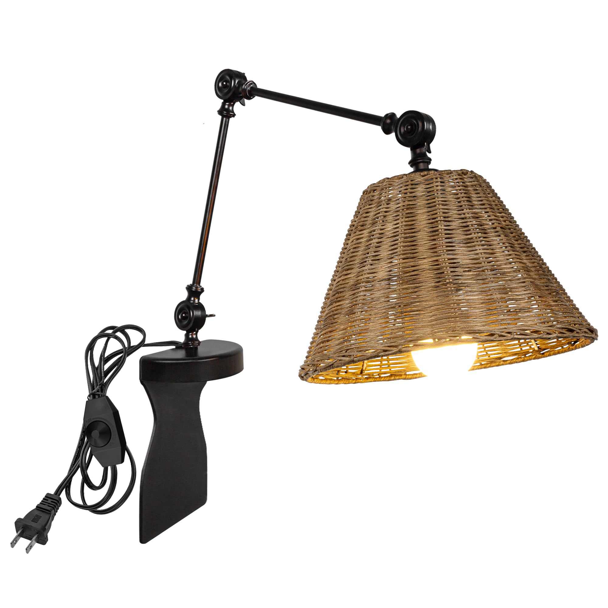 Kiven Headboard Reading Light, Dimmable No Drilling Reading Lamp, Farmhouse Rattan Nightstand Lamp with Adjustable Swing Arm, 8.2ft Cord for Reading Bedside Side Table Desk DZ0511