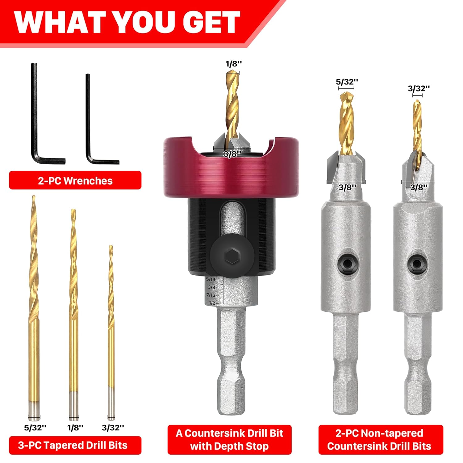 KEENTECH 6-PC Carbide Tipped 82° Countersink Drill Bit Set with 3/32" & 1/8" & 5/32" Tapered and Non-Tapered Drill Bits, 3/8" Dia, 1/4" Hex Shank, Adjustable Depth Stop with Ball Bearing