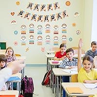 Vista 6 de Juego de 85 tableros de buletin retro para el aula, diseño de arcoíris Groovy, calendario con punta de pegamento para decoración de pared