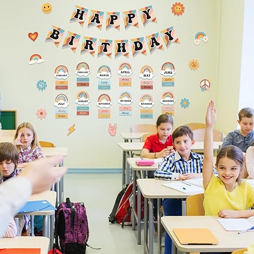 Miniatura 6 de Juego de 85 tableros de buletin retro para el aula, diseño de arcoíris Groovy, calendario con punta de pegamento para decoración de pared de