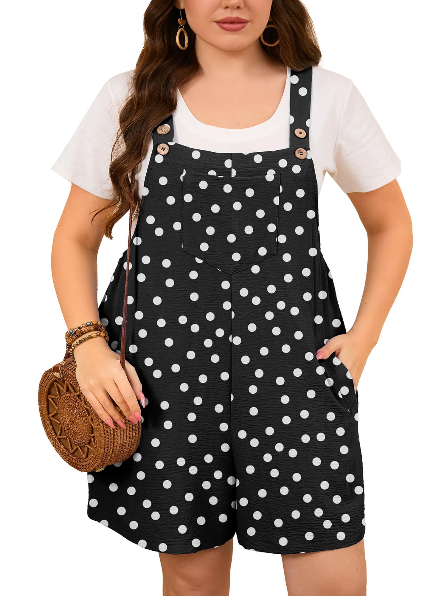 AusLook Plus Size Women's Rompers Summer Casual Short Jumpsuits Adjustable Sleeveless Loose Overalls with Pockets 1X-5X