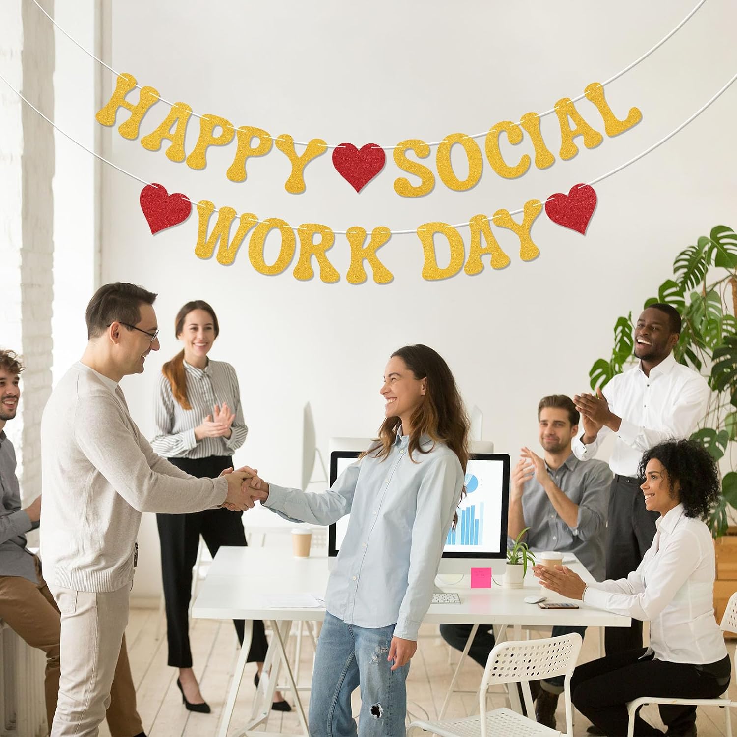 Happy Social Work Day Banner - Social Worker Day Decor, Social Work Appreciation Party Decorations Gold Glitter image 5