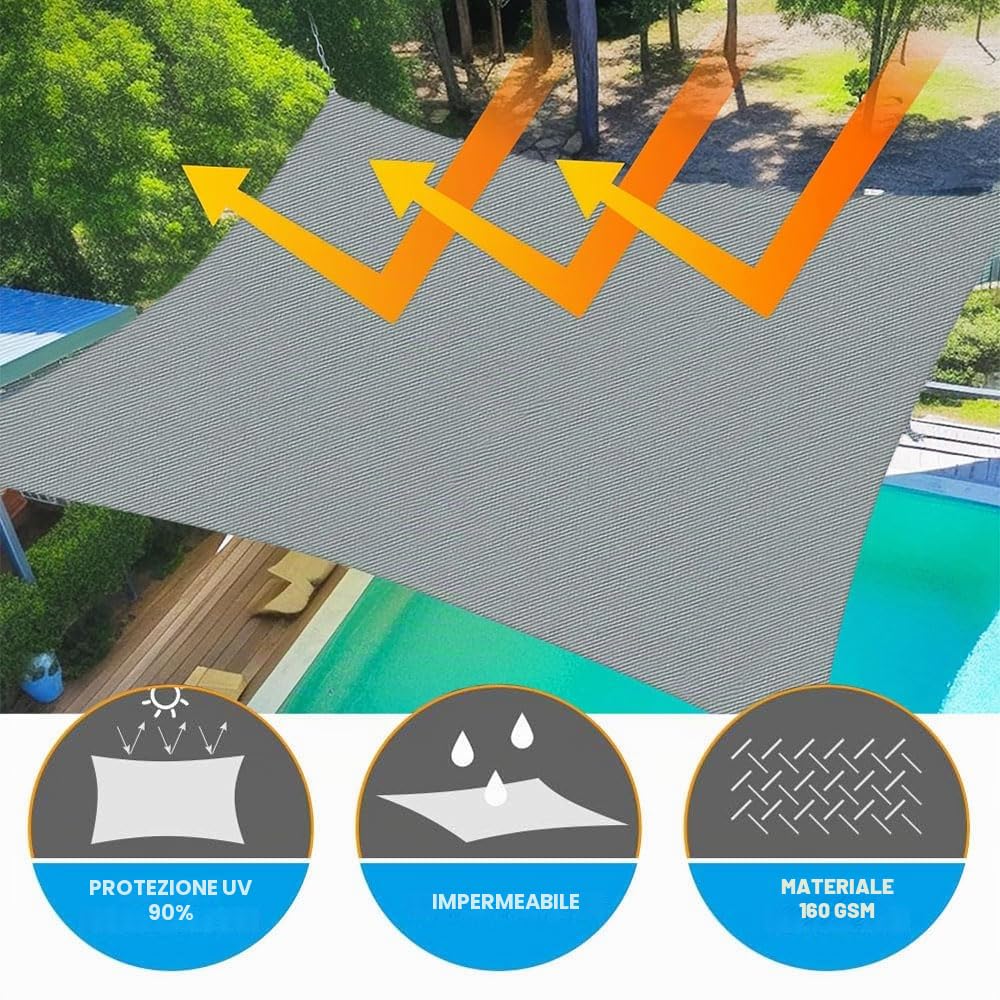 Tenda solare impermeabile 3x4m, occhielli, rettangolare, set fissaggio, resistente intemperie, traspirante, protezione UV, giardino, terrazza, balcone (grigio 3MX4M)