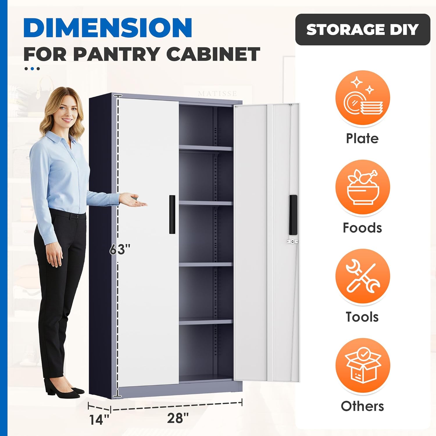 INTERGRAET 63" Tall Pantry Cabinet,Kitchen Pantry Storage Cabinets with 2 Doors and 4 Shelves,Gray White Metal Storage Cabinet,Cupboard for Home,Kitchen,Living Room/Dining
