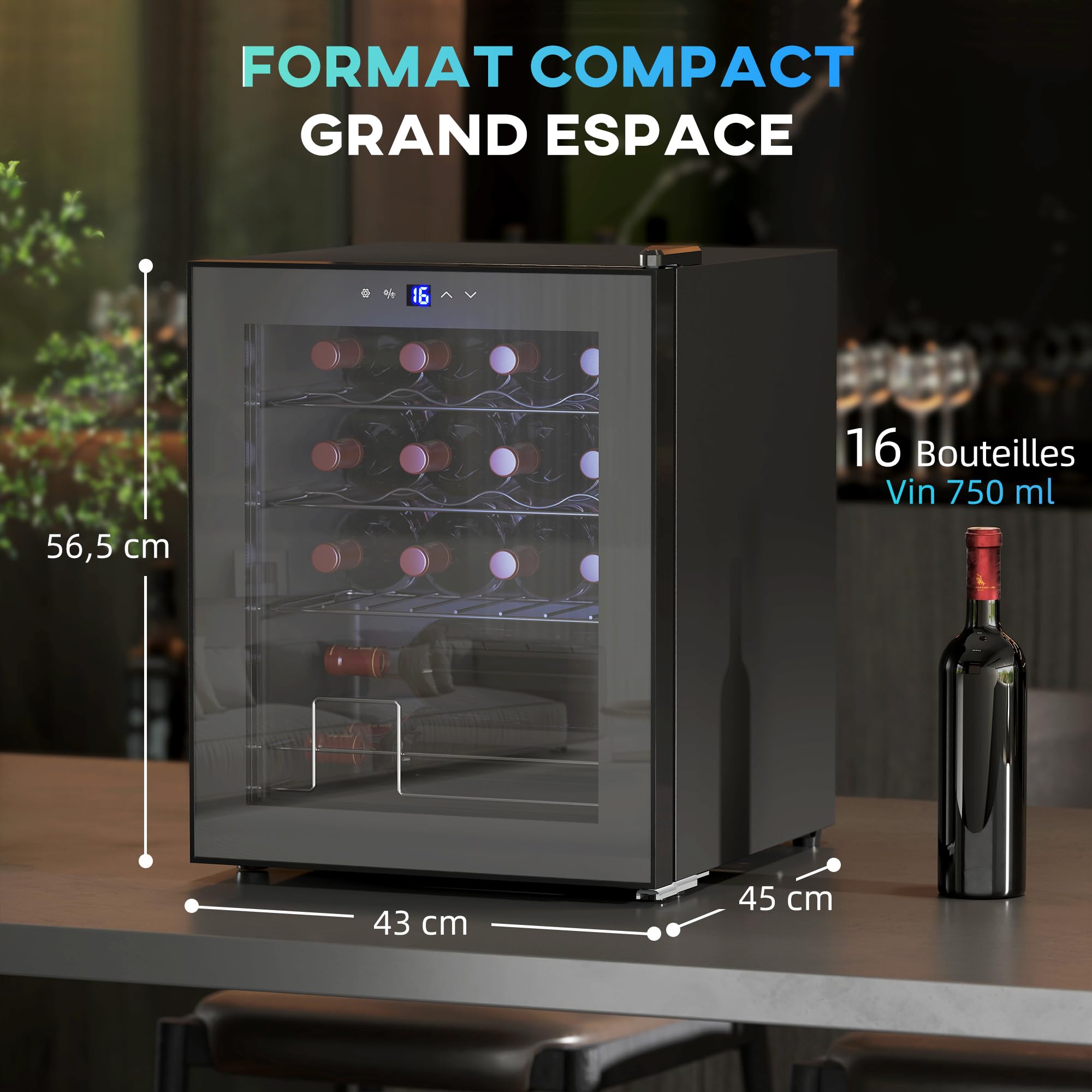 HOMCOM Cave à Vin 16 Bouteilles 42L, Réfrigérateur à Vin et Boissons avec Température Réglable 5-18°C, Porte en Verre Trempé, Étagères Ajustables, Écran Tactile, Éclairage LED, Noir