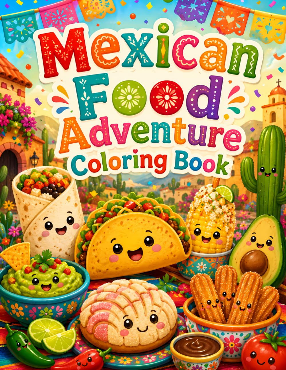 Mexican Food Adventure Coloring Book: Fun and Cute Mexican Food Coloring Pages for Kids with Tacos, Burritos, Churros, Tamales, Salsa, Guacamole and Fiesta Scenes