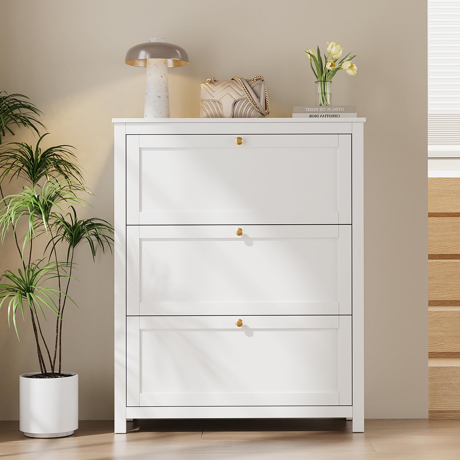 VOWNER 90cm Largo Zapatero 3 Puertas, Mueble Zapatero Estrecho Blanco, Zapatero Estrecho Entrada Recibidor, Blanco, Madera, para Entrada Estrecha, Pasillo, 90 x 30 x 110 cm,
