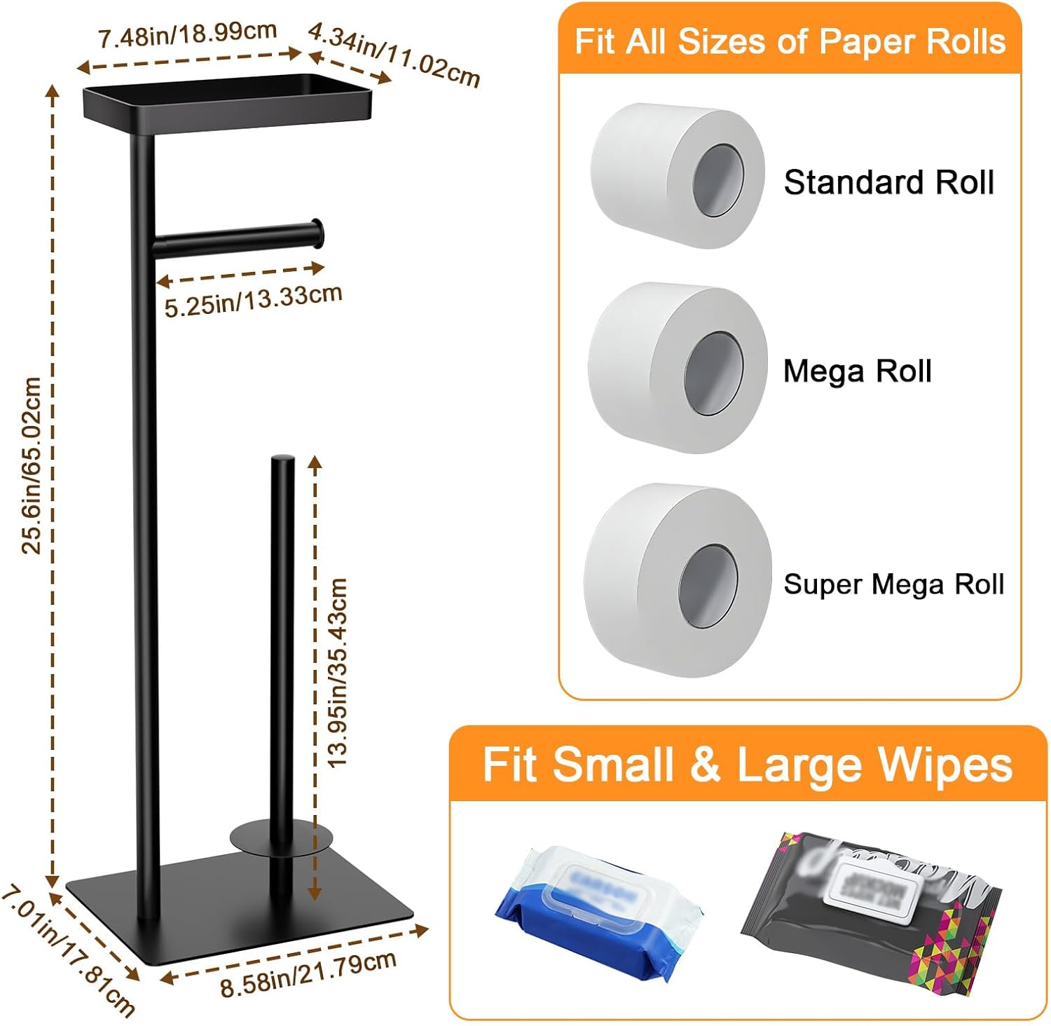 Freestanding Toilet Paper Holder Stand with Storage, Rustproof Metal Bathroom Paper Stand with Weighted Anti-Slip Base, Fits 4 Spare Rolls and Shelf for Phone & Small Items, No Drilling
