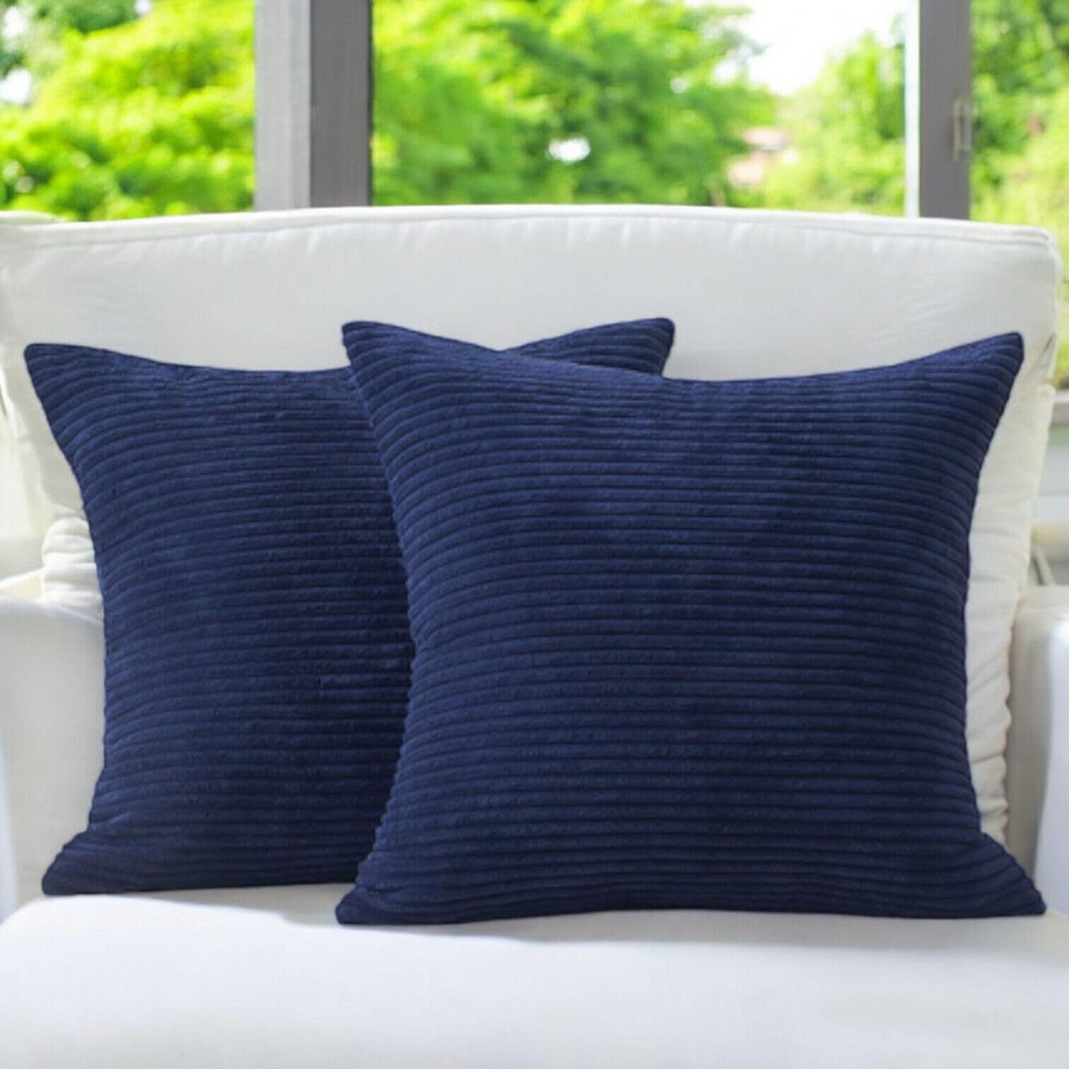 Seechoo Corduroy Cushion Covers, Set of 4, 40 x 40 cm, Plain Soft Striped, Assorted Colours (Navy Blue), 40 x 40 cm (Pack of 4) - Image 2