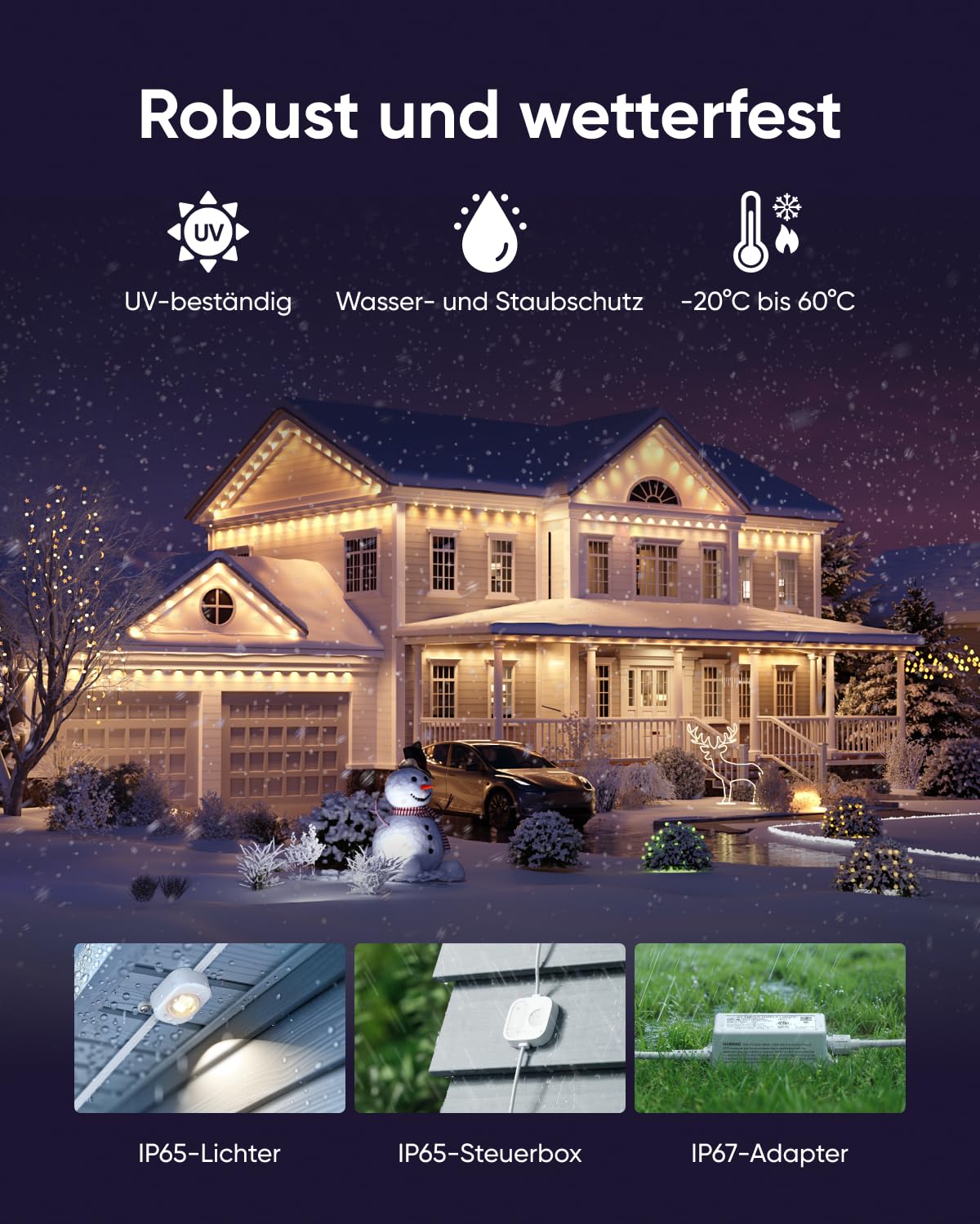 eufy Permanent Outdoor Light E22, 15m mit 60 Triple-LEDs, Smarte RGBWW-Lichter, Alltag & Festtage, bis zu IP67 Wasserdicht, KI-Beleuchtungsthemen für Weihnachten, Kamera-Kompatibel, App-Steuerung