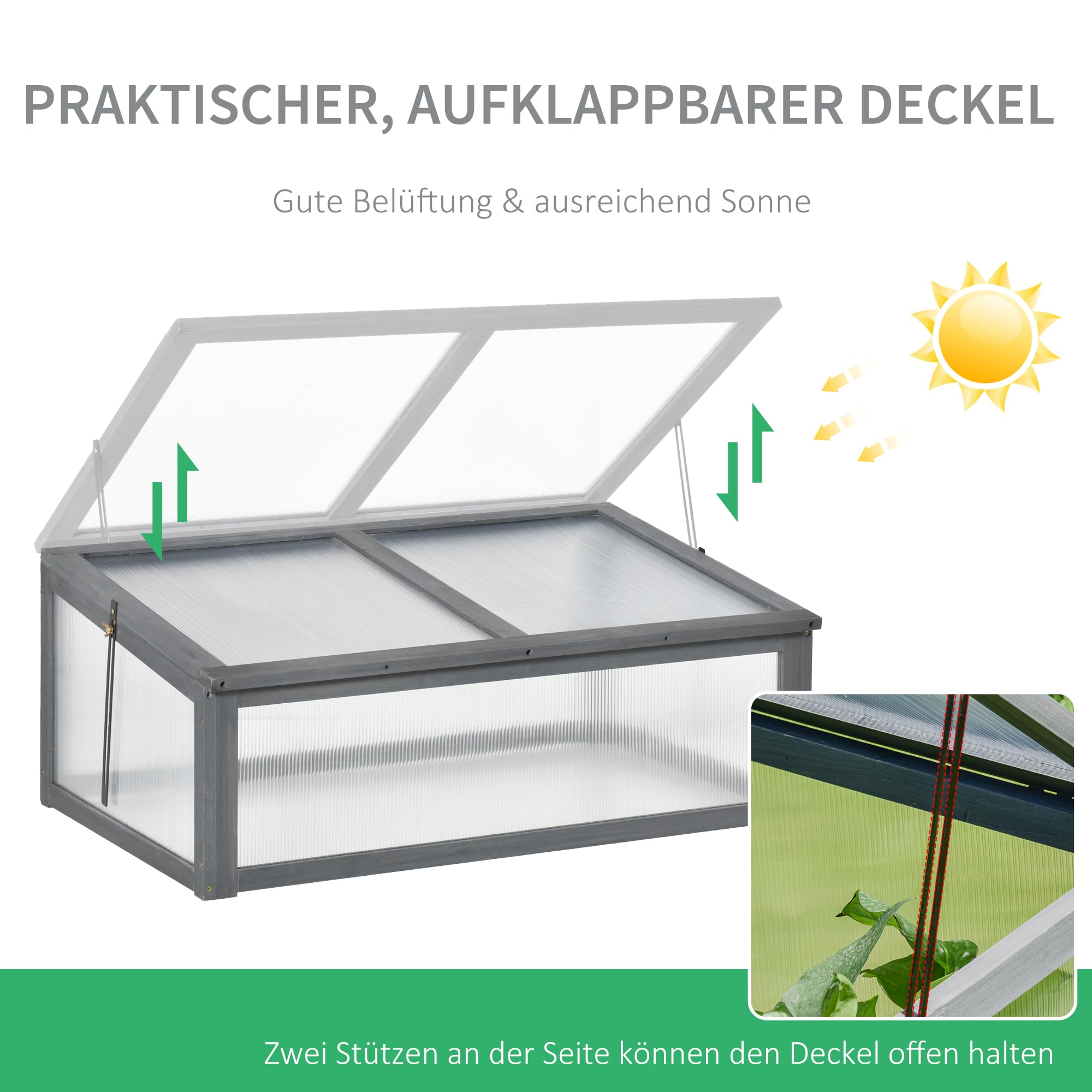 Outsunny Frühbeet Holz, Mini Gewächshaus 100 x 65 x 40 cm, Treibhaus mit Abdeckung, UV Schutz, lichtdurchlässig Frühbeetkasten, Winterfest Hochbeet für Garten, Grau