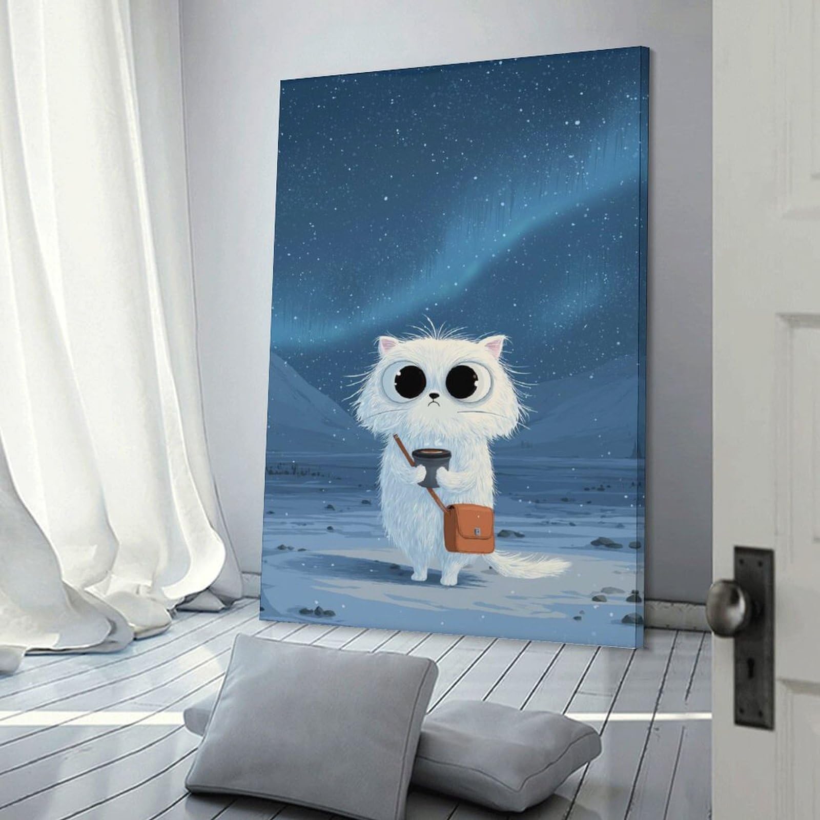 Junmoney Frame-Style-3 Cartoon Cat With Coffee In Aurora Room Decor Wall Art 20X30inch(50X75cm), For Art Walls, Layered Displays Or Homes, Wall Decor Suited To Curated Displays