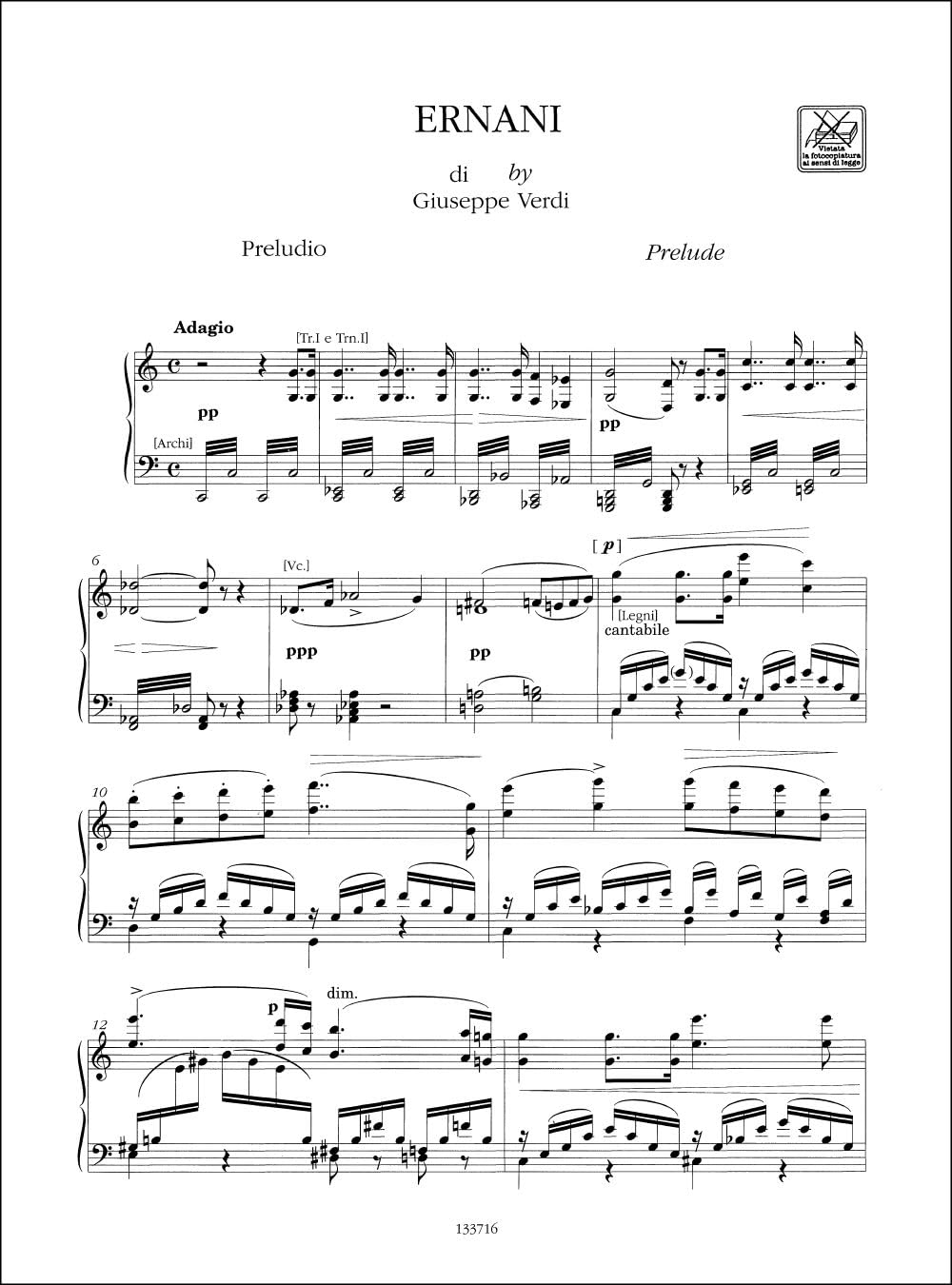 Ernani. Dramma lirico in 4 atti. Riduzione per canto e pianoforte (prefazione in italiano e inglese). Ediz. italiana e inglese