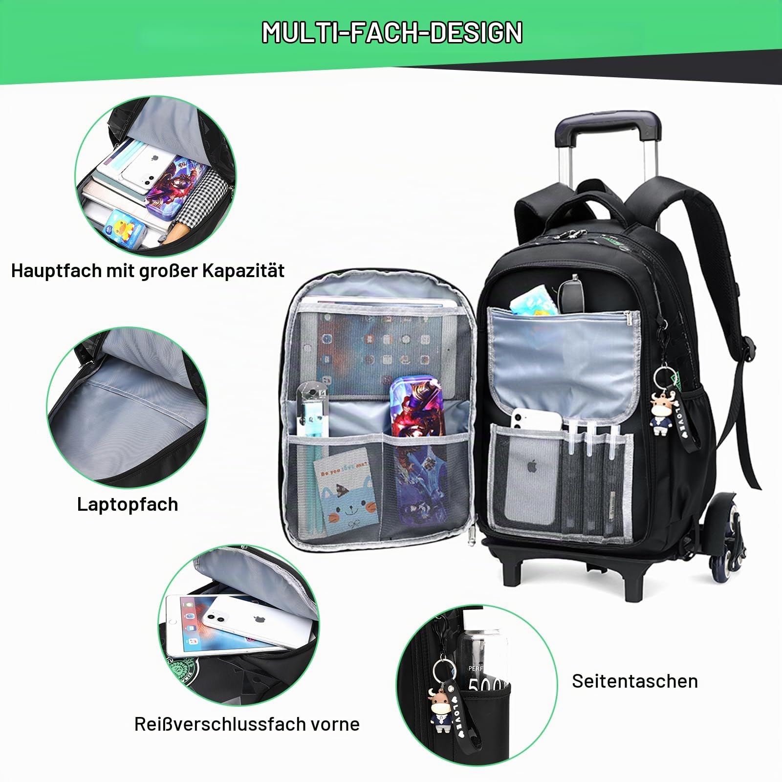 Amythe Kinderrucksack mit Rollen, Abnehmbare Trolley Schulranzen für Jungen Mädchen der Klassen 1-5, Robuster Lässig Rucksack mit 6 Rädern Schulrucksack für Schule/Reise, Schwarz