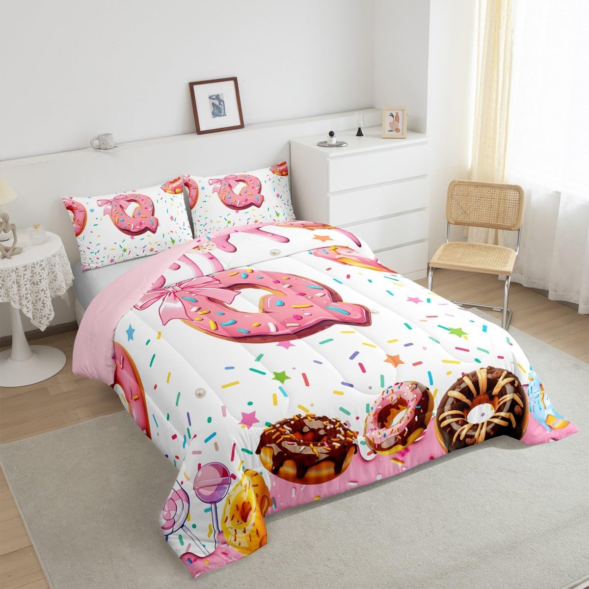Erosebridal Girls Pink Bow Comforter Set Toddler Size Monogrammed Bedding Sets Personalized Alphabet Q Duvet Insert Colorful White Donut Sweet Candy Quilt Ultra Soft Modern Fashion Bed Set