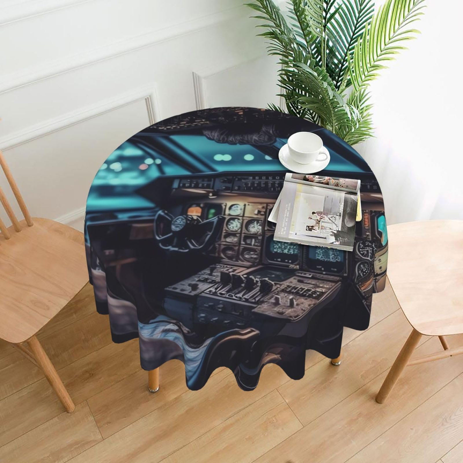 Fodpand Black Airplane Cockpit Tablecloths For Round Tables 60 Inches - Reusable And Washable Kitchen Table Clothes Decorative Table Cover For Dining Tables, Buffet Parties, Wrinkle Resistant