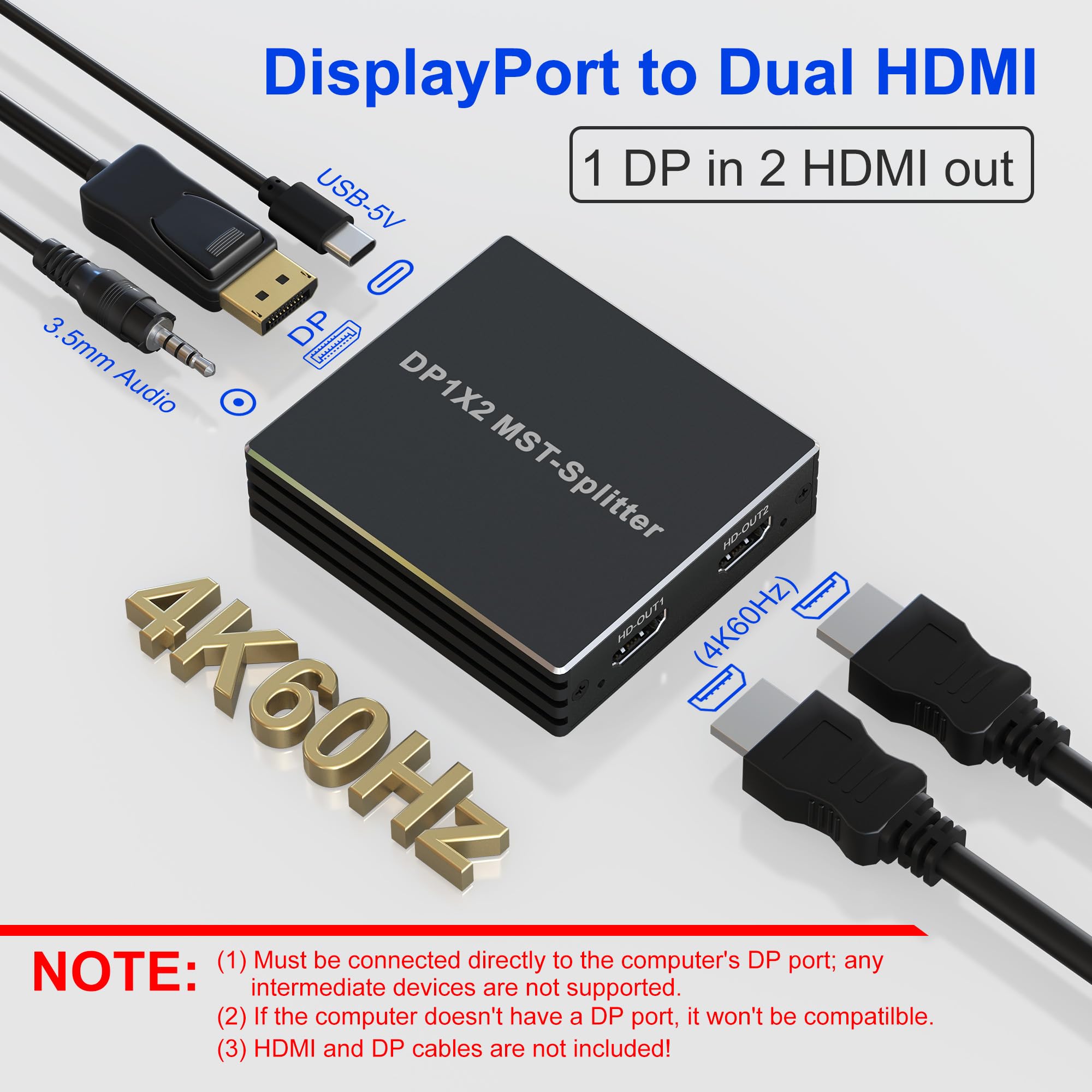 Adattatore DisplayPort a HDMI Dual - Splitter DP per monitor dual 4K @60Hz con display esteso MST 1 in 2 uscite Hub per PC, scheda grafica e altro