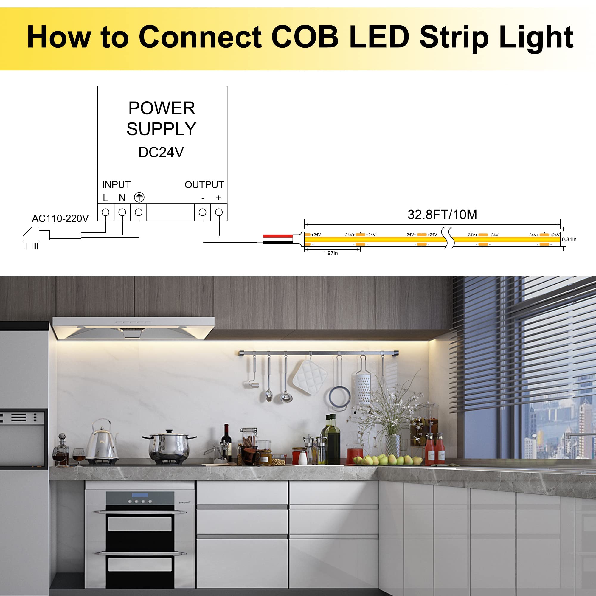 Pandery Striscia luminosa LED COB 2700 K, bianco caldo, 10 m, con telecomando e adattatore omologato UL, nastro LED CRI90 dimmerabile per casa, cucina, sotto armadio, camera da letto