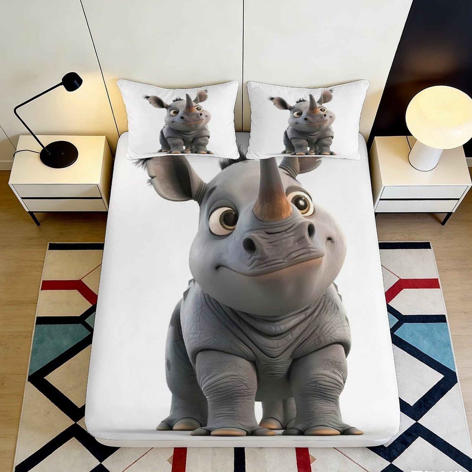 3D Printed Cute Cartoon Rhino Fitted Sheet Microfiber Anti-Slip Bed Cover for Bedroom Dorm Mattress Protection Decor 90x200x25cm