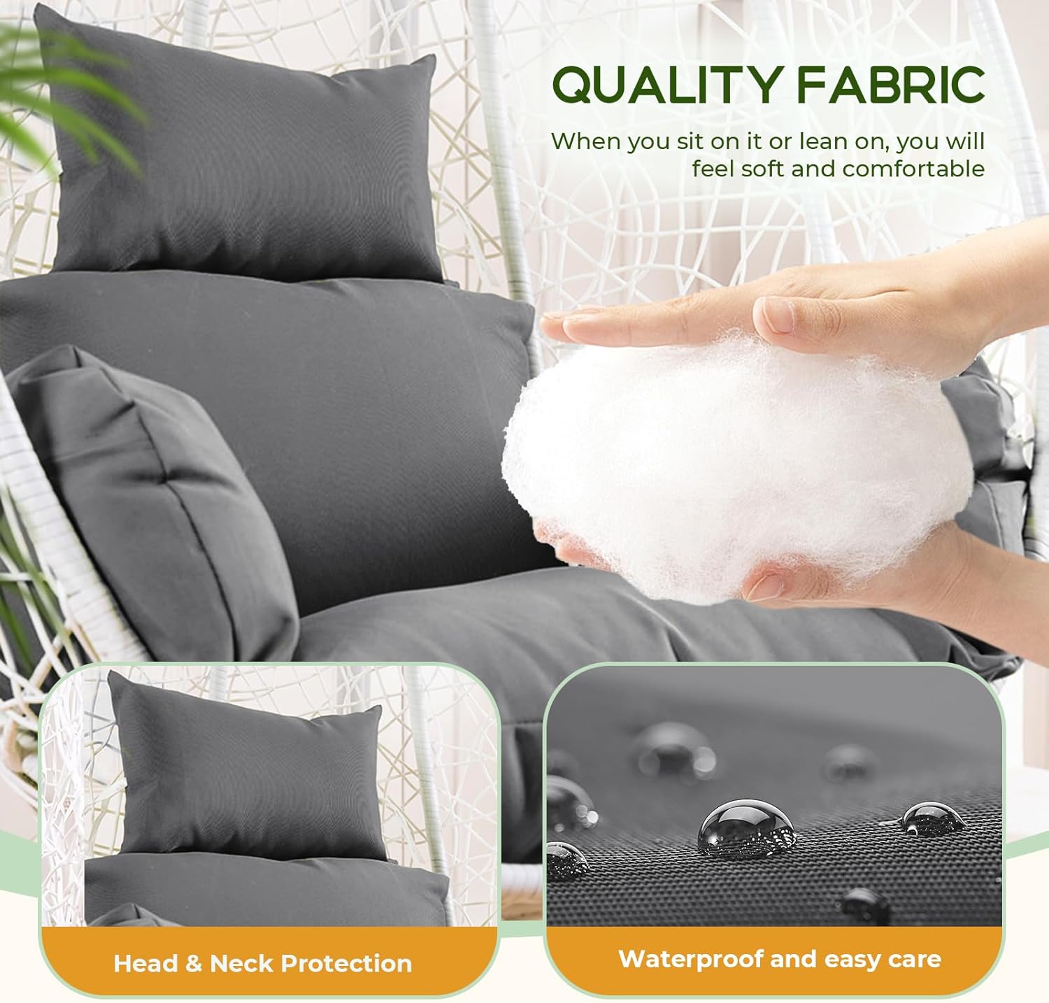 47x31.5x4.7 inch egg chair cushion replacement, thick soft hanging swing chair cushion with headrest pillow for patio indoor outdoor, grey