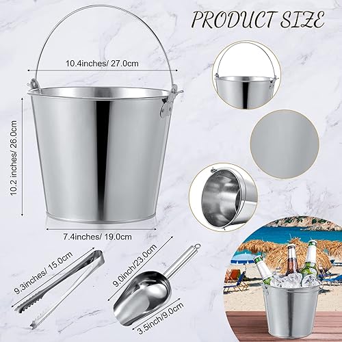 Miniatura 2 de Mumufy Cubo de hielo de metal galvanizado de 10.6 x 10.2 x 7.5 pulgadas, cubo grande de lata plateada con asa, palas a granel de 10 L, pinzas para