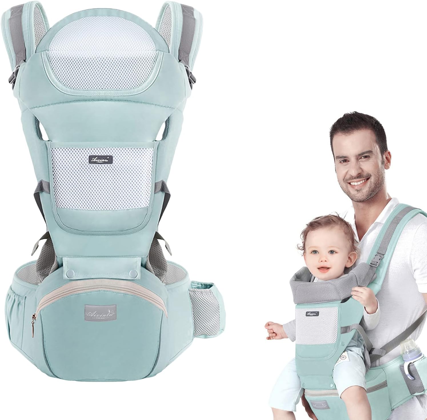 Baby Carrier with Hip Seat, Multi-Functional 9 in 1 Baby Wrap Carrier Newborn to Toddler for All Seasons Ergonomic Baby Sling Carrier Hands Free Baby Backpack 7-45 lbs (Green)