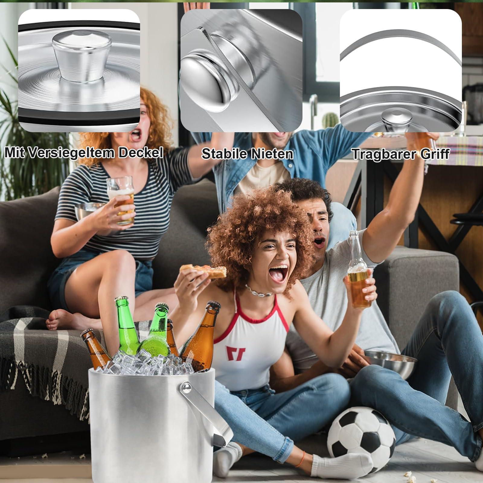 Bac à glaçons rond avec tamis et pince à glace, bac à glaçons de 2 l, seau à glace en acier inoxydable, seau à glace avec pelle, refroidisseur à glaçons pour bar, pour refroidir la bière, le champagne