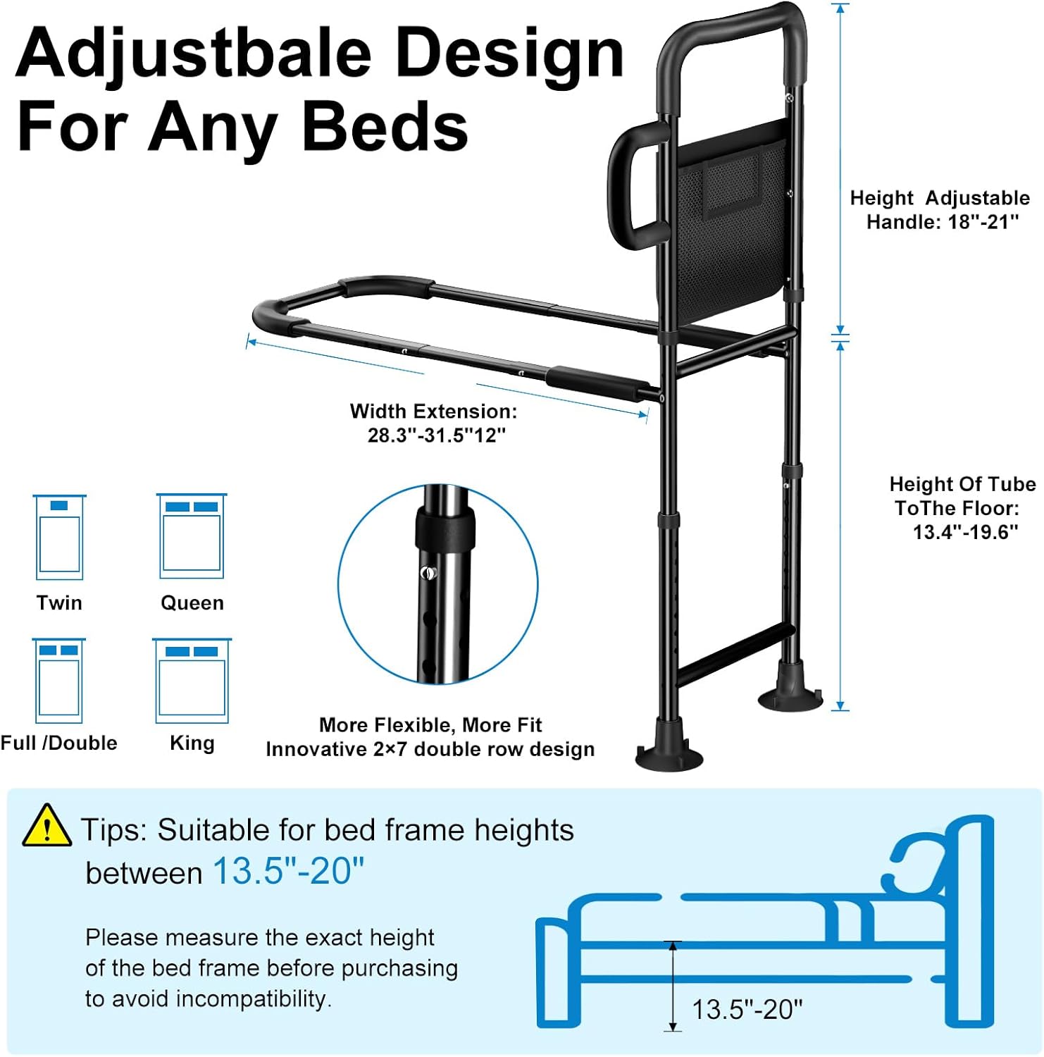 Bed Rails for Elderly Adults Safety - Height Adjustable Bed Assist Rail for Seniors, Stable Bedside Handle with Non-Slip Grip & Pocket, Fits King Queen Full Twin Bed (Black)