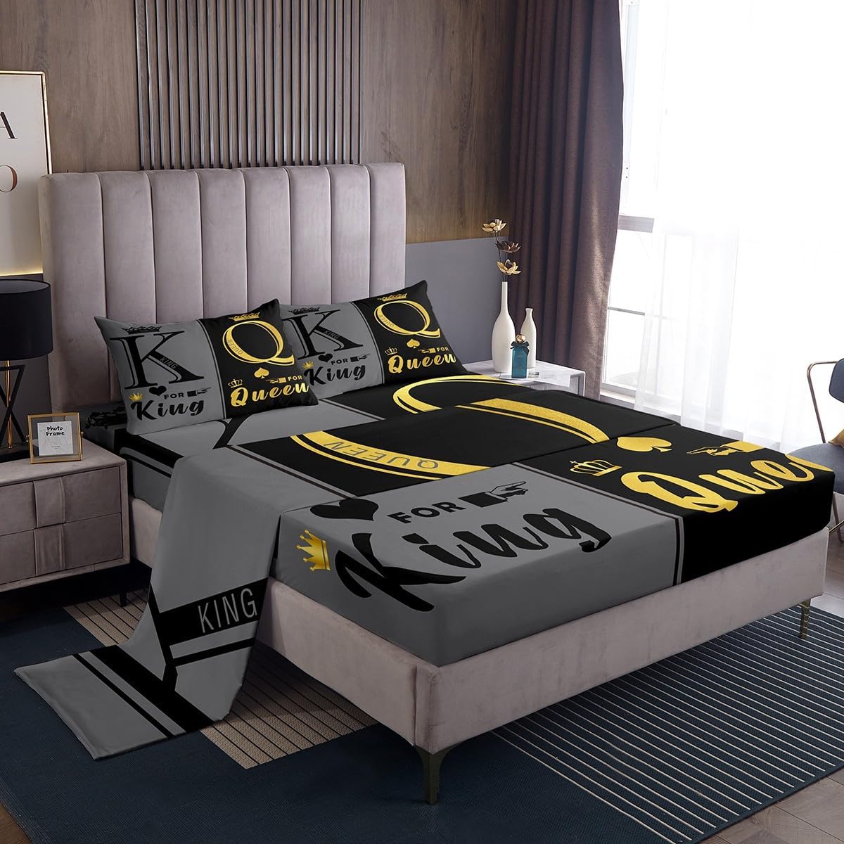 Manfei King and Queen Sheet Set King Size, Black Gold Crown Bedding Set for Lovers and Couples Room Decor, Grey Black Bed Sheet Set 4pcs with Deep Pocket Fitted Sheet + Top Sheet + 2 Pillowcases