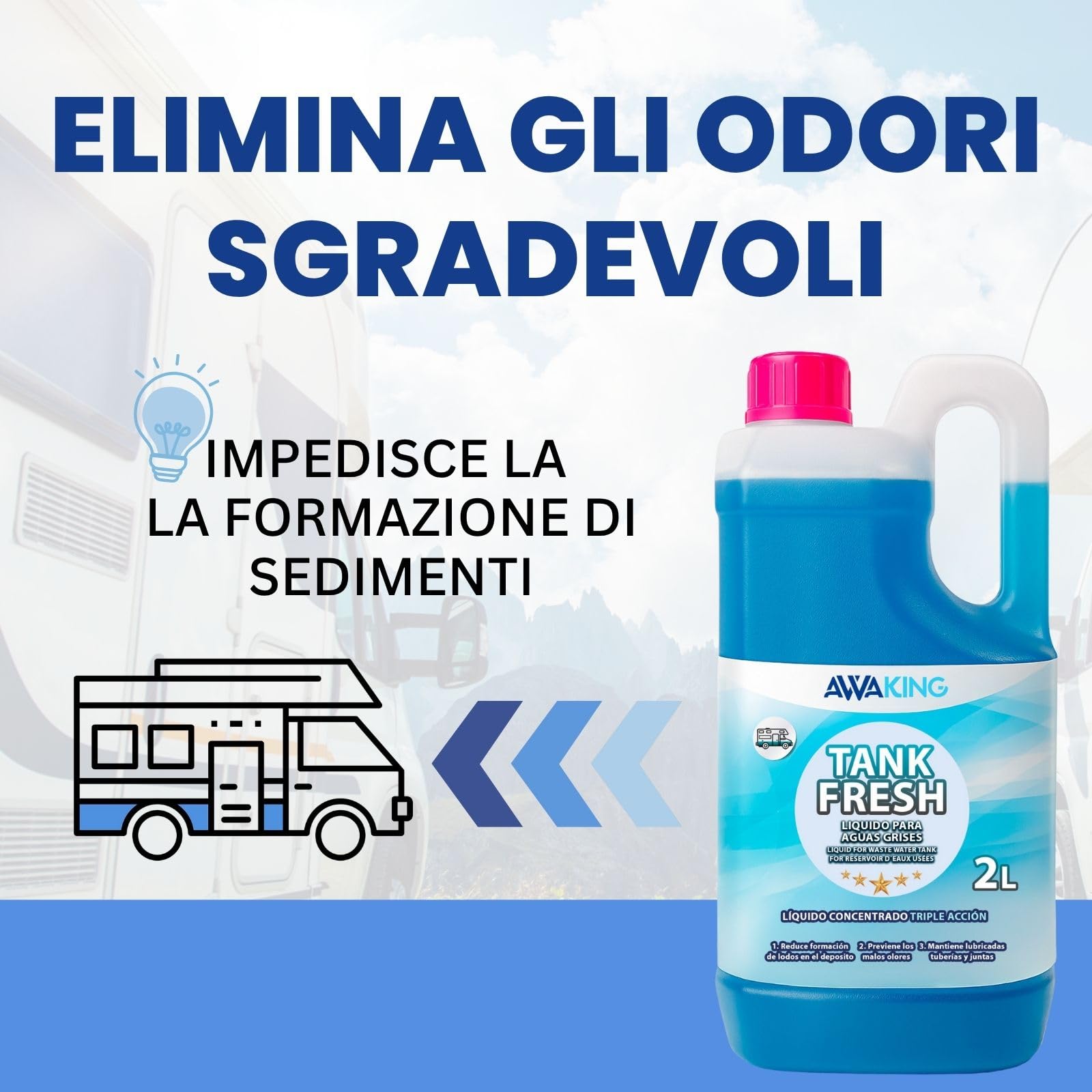 Liquido per camper Tank Fresh 2L AWAKING, liquido additivo acque grigie, scarichi, docce, camper, camper, evitare cattivi odori, biodegradabile, aromatizzante, altamente efficace