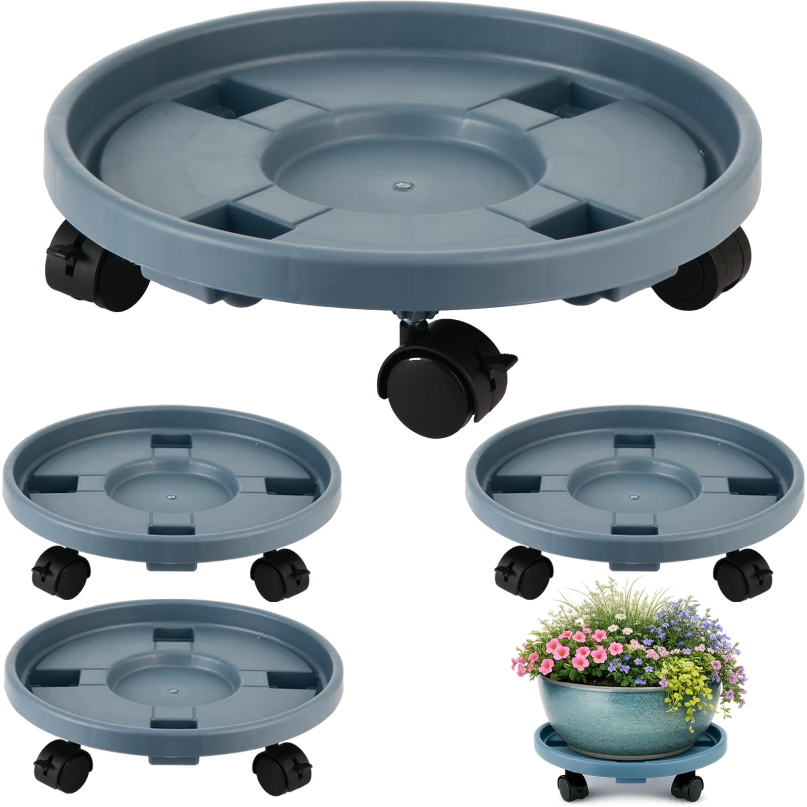 4-pack 17.3" Extra-large Plant Caddy with Wheels Plastic Plant Dolly with Locking Caster Flower Pot Mover Rollers Wheeled Rolling Plant Stands Round Plant Saucer Indoor Outdoor Base Coasters Gray
