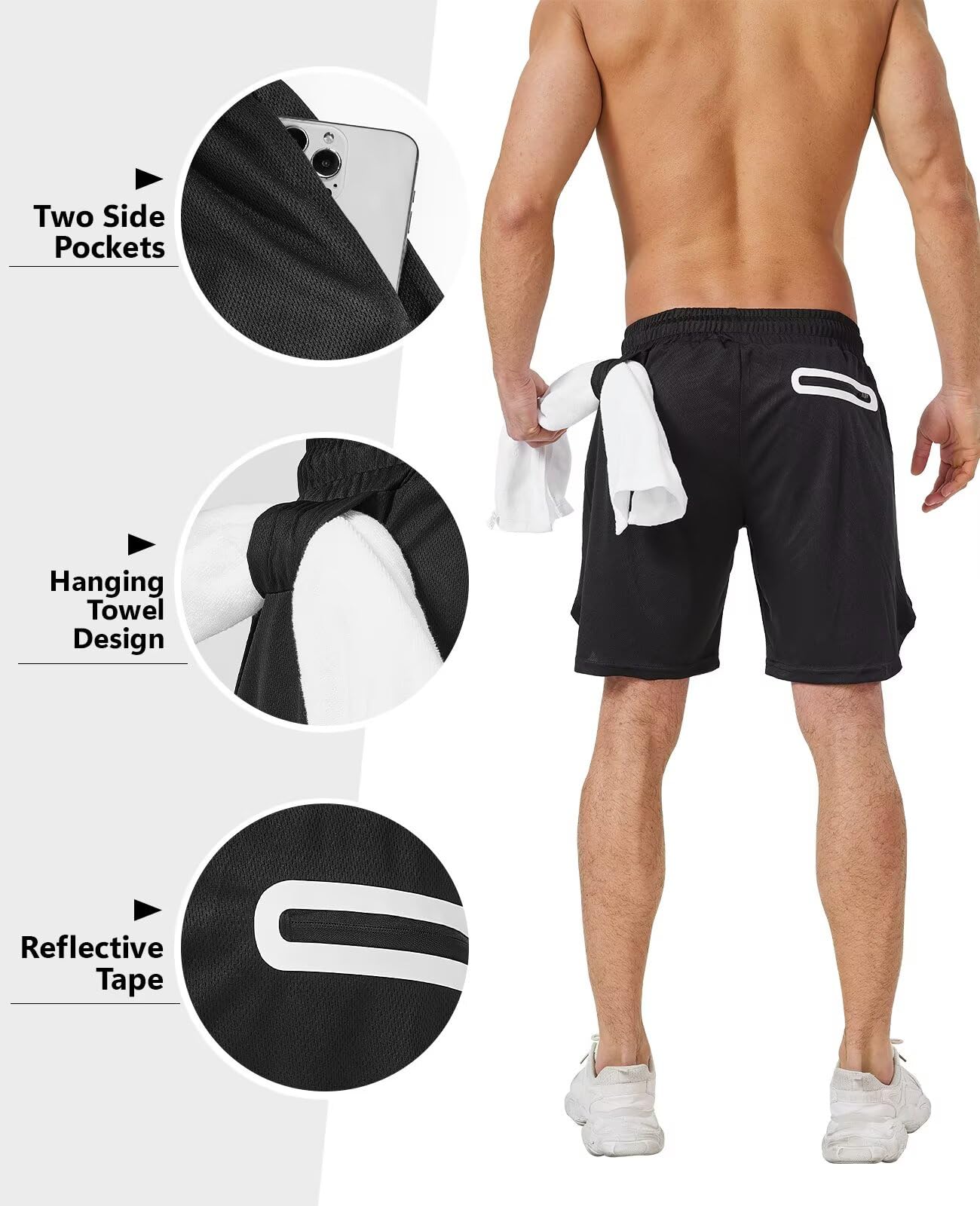 OCYMA Paquete de 3 pantalones cortos deportivos 2 en 1 para hombre con bolsillos de 7 pulgadas, pantalones cortos de malla transpirable para hombre, pantalones cortos de gimnasio de secado rápido con