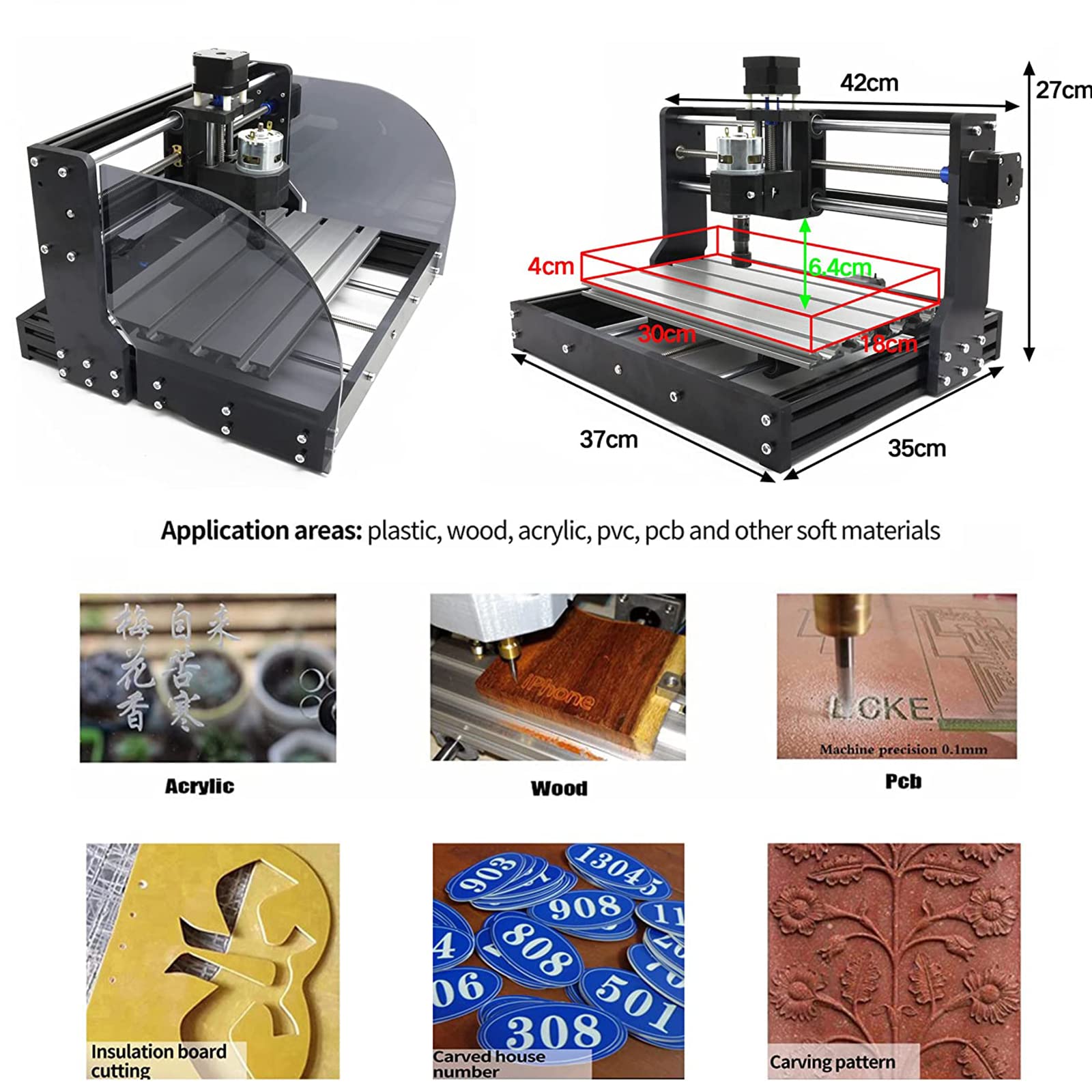 CNC Router Machine, 3 ejes GRBL Control USB Port, DIY Mini CNC Plástico Acrílico PVC Madera Grabadora Fresadora Máquina de Tallado, Área de Trabajo 30x18x4cm, 1W