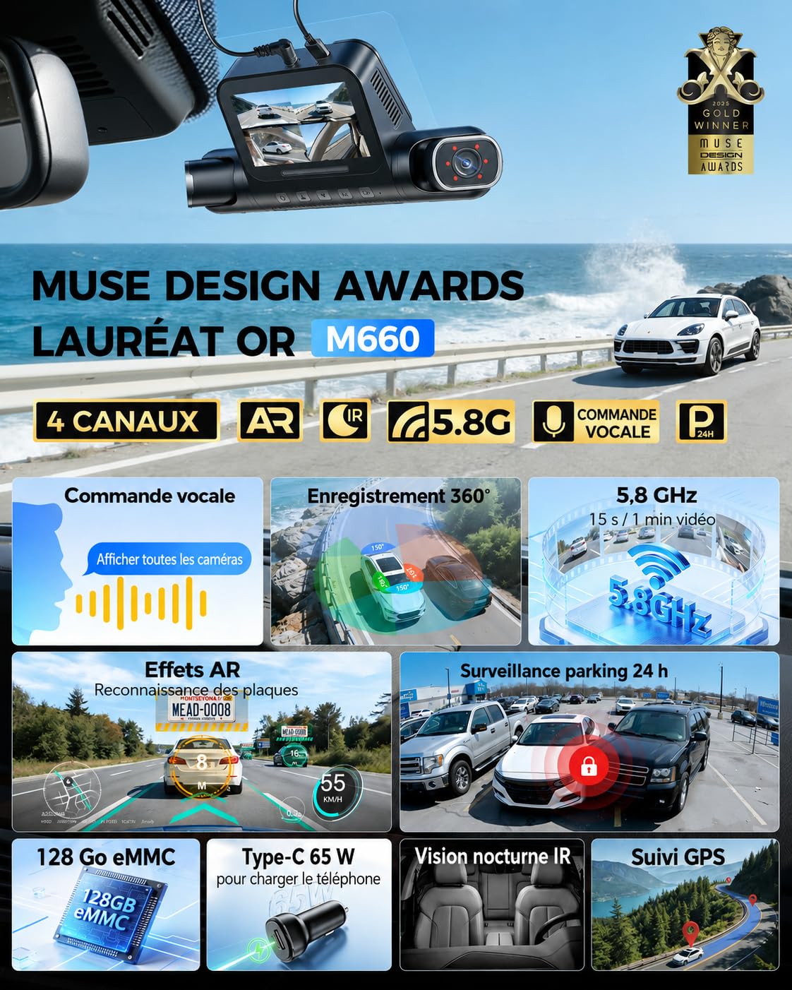 AZDOME 4-Canaux Dashcam Voiture, 360 degrés Camera Voiture Avant Arriere avec 128GB eMMC, 2.5K+3x1080P Caméra avec 5G WiFi GPS, Vision Nocturne IR, Contrôle Vocale, Mode Stationnement 24H (M660)