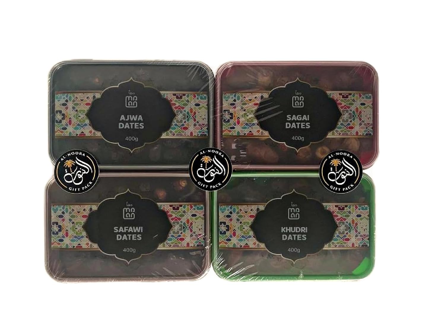 Al Ajwa 400g + Safawi 400g + Sagai 400g + Khudri 400g Premium Dates 4 Pack NOORA Gift Pack