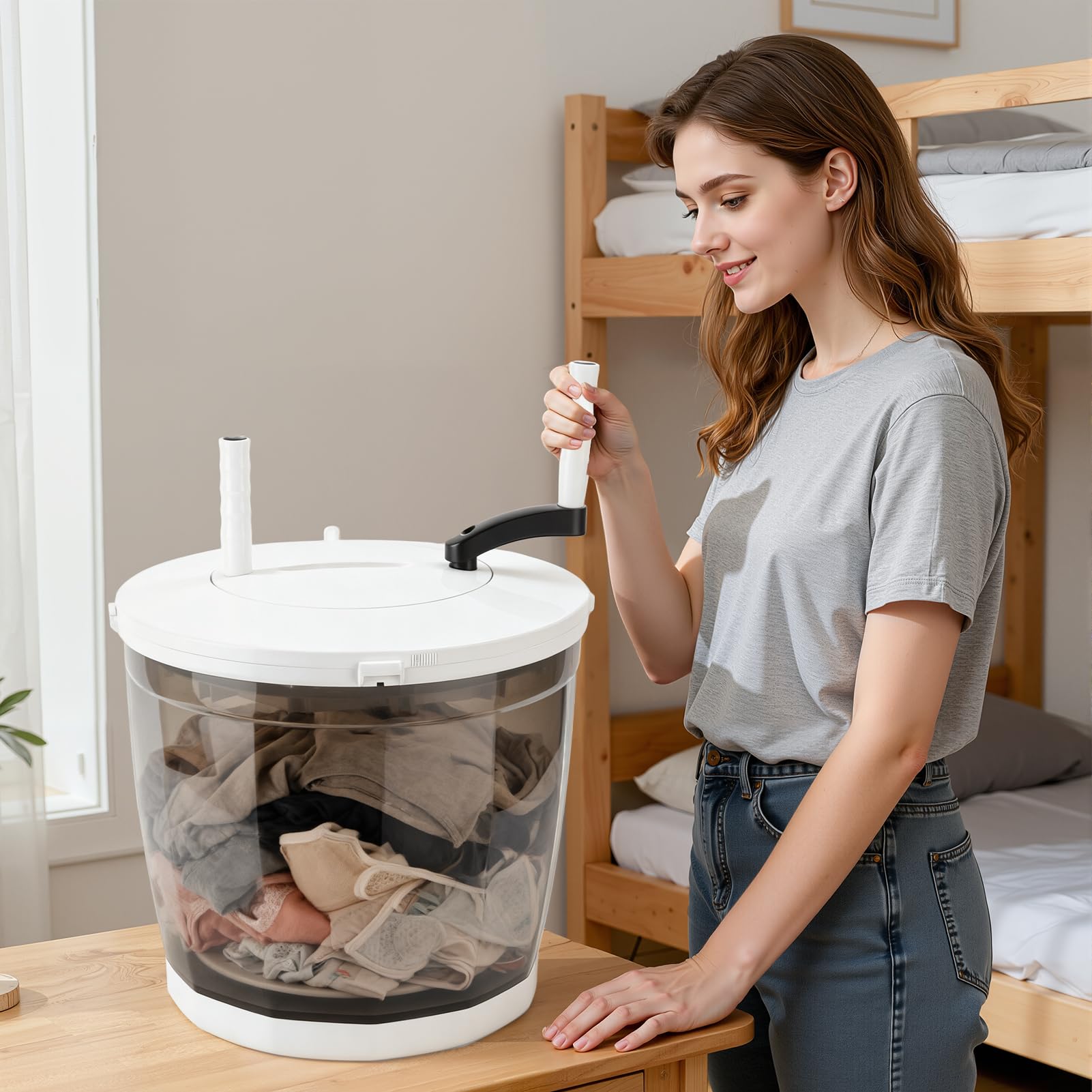 2-in-1 Manual Washing Machine, Hand Crank Washer with Spin Dryer & Suction Cup Base, Portable Mini Washer for Camping Dorm Travel, No Electricity Laundry Machine 2kg Capacity (Light Grey) — view 3